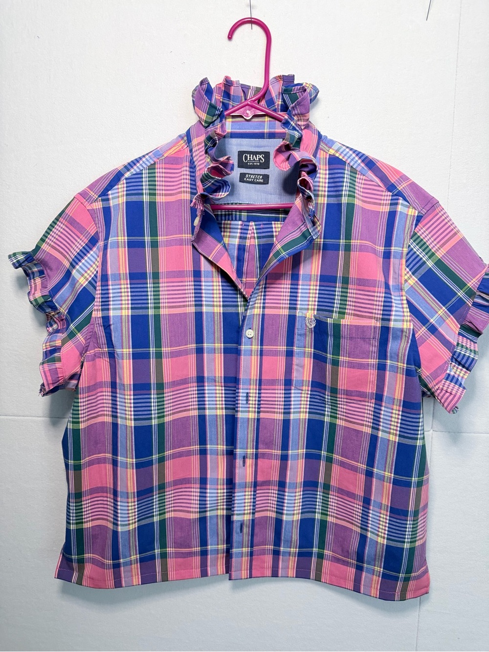 Ruffle collar Upcycled Chaps Men’s Pink & Blue Plaid Short-Sleeve Button Shirt
